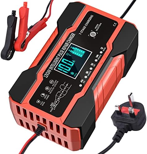 10 Amp Car Battery Charger, 12V/24V Automatic Battery Charger with 7-Stage Charging and LCD Screen, Intelligent Charges, Repairs, Maintains for Car Motorcycle Boat Mower, AGM GEL and Lead Acid Battery
