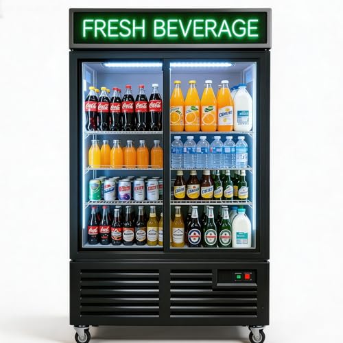 Image of Commercial Flower Beverage Refrigerator Display Fridge,Two SLIDING Glass Door Drink Cooler Floral Display Fridge with LED Light Adjustable Shelves,ETL Sanitation,43 Cu Ft,47 inch Wide,Wheels Included