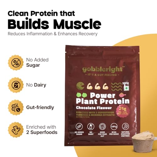 Image of GOBBLERIGHT Power Plant Protein Powder Chocolate Flavour 500g | No Added Sugar | Isolate & Concentrate Pea Rice Protein - Turmeric & Moringa | 4.91g BCAA | No Bloat & Gut Friendly | Vegan & Dairy Free