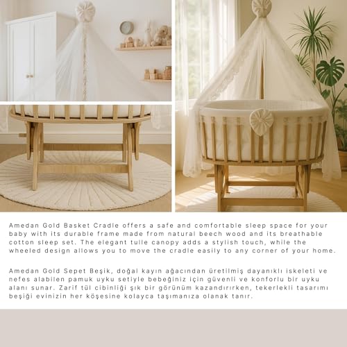 image for Bebek On For Classic Beech Wood Canopy Baby Cradle with Cream Lace Tex