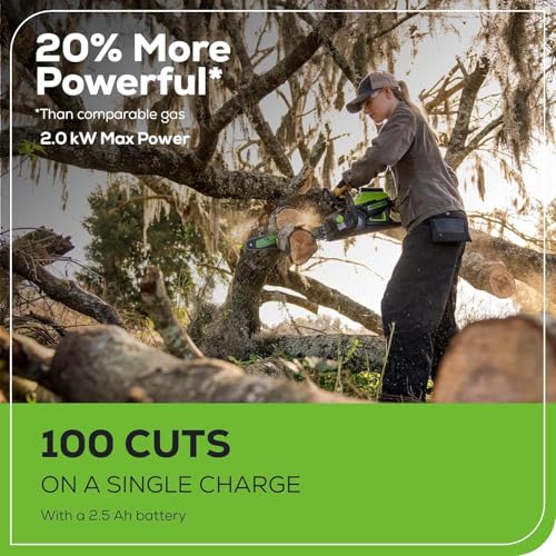 Image of Greenworks 60V 16 inch Brushless Cordless Chainsaw (42 CC Gas Equivalent, Auto Oiler, Chain Brake), 2.5Ah Battery, Charger + Bonus 4.0Ah Battery