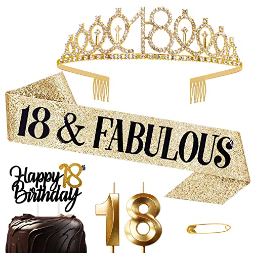 Jonvell Corona y Faja de Oro para Cumpleaños 18 Años - Tiara de Diamantes, Cinturón, Velas Topper para Torta - Regalo y Decoración para Niñas
