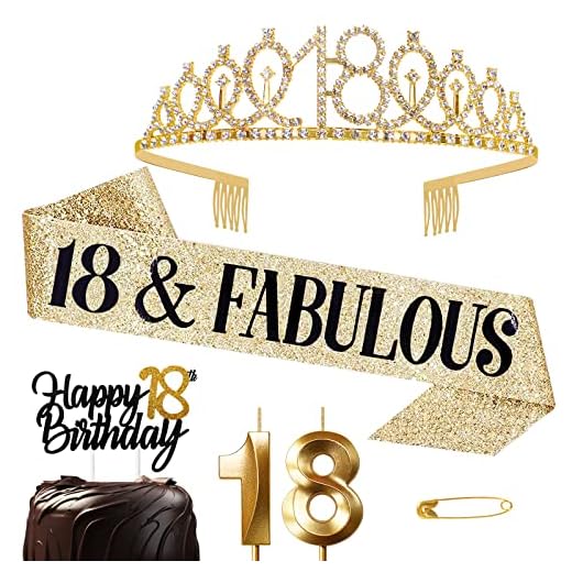 Jonvell 18 Años Corona Banda Cumpleaños Niñas Tiara Corona y Faja de Oro Cinturón de Cumpleaños Corona de Diamantes Velas Topper per Torta di Compleanno 18 Regalo Niñas Cumpleaños Decoración