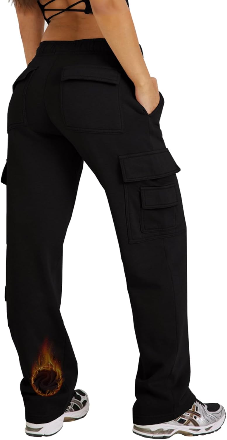 Waitfairy Cargo Sweatpants for Women - Straight Leg Fleece Lined Joggers Women Barrel Sweat Pants for Girls Y2k Clothes