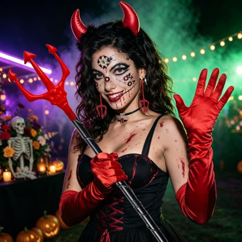 Teufel Kostüm Damen 7-teilig – Sexy Karneval & Halloween Kostüm mit Teufels-Haarreif, Tattoos & Accessoires – Faschingskostüm & Vampir Stil Cosplay für Frauen & Mädchen – Bild 4