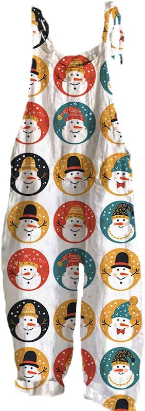 Bengbobar Plus Size Overalls for Women 3D Printed Christmas Jumpsuits Spaghetti Strap Romper Wide Leg Overalls with Pockets