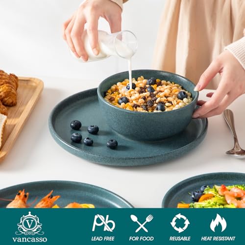 Image of vancasso Plates and Bowls Sets, 18 Pieces Stoneware Dinnerware Set for 6, Ceramic Dish Set for Kitchen, Microwave and Dishwasher Safe, Smoky Teal, Series ZERMATT