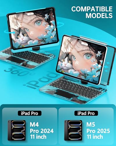 Image of Intermerge Clear Keyboard Case for iPad Pro 11 inch(M5,2025 / M4,2024), 360 Swivel Multi-Touch Trackpad, 7-Color RGB Backlit, Pencil Holder, Type-C, Power Indicator, Aqua Pulse