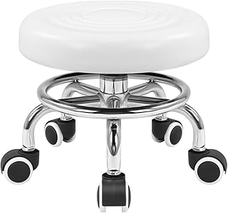KKTONER Black Roller Seat PU Leather Rolling Stools with Wheels Nail Stool for Home Work Office Shop Step Stool (White)
