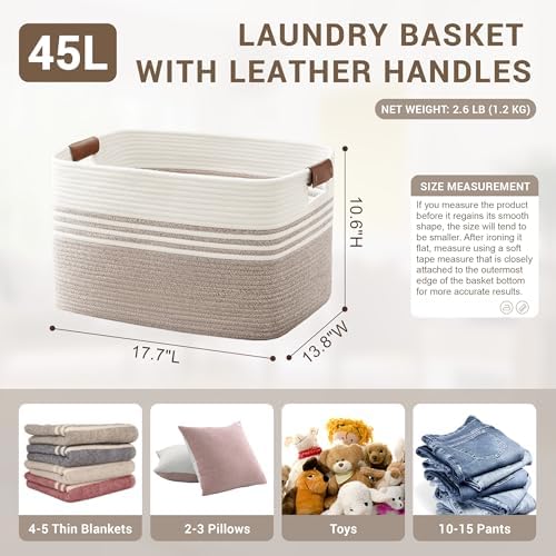 SunNewt 45L Small Laundry Basket with Leather Handles for Living Room Storage, Woven Rope Baskets Bin for Blanket, Gifts, Wicker Hamper for Bedroom Dirty Clothes, 18"x14"x11" White Brown