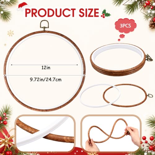 Image of Burbell 3 Pcs 8.7 Inch Pcs Spring Round Embroidery Hoops Frame Circle Rubber Hoops Ring Display Cross Stitch Ornament Imitated Wood Frame Kits for Christmas in July Craft Sewing DIY Hanging Gifts