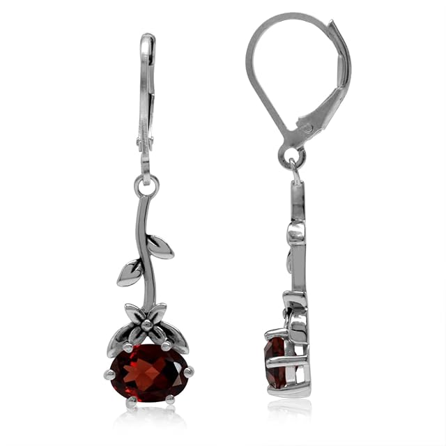 Silvershake Genuine Gemstones 925 Sterling Silver Flower and Leaf Vintage Inspired Leverback Drop Dangle Earrings Jewelry for Women