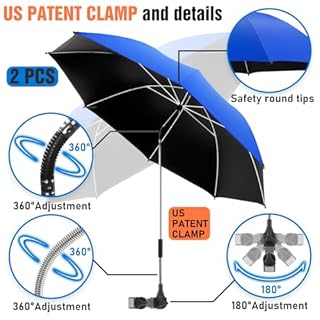 NBtoUS 2 PACK Chair Umbrella with Clamp, 360 ° Adjustable, UPF50+ Sunshade for Beach Chair, Patio Chair, Camping Chair, Golf Carts(Azure Blue, Not Include Chair)