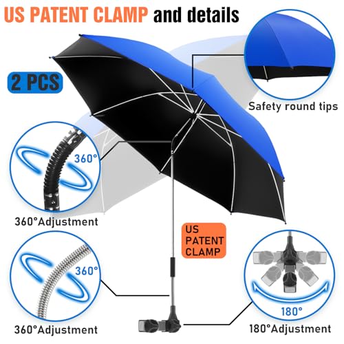 Image of 2 PACK Beach Umbrella with Clamp, 360 Adjustable Umbrellas for Chair, UPF50+ Umbrella for Beach Chair, Patio Chair, Wheelchair, Camping Chair, Golf Carts (Chair Not Included)