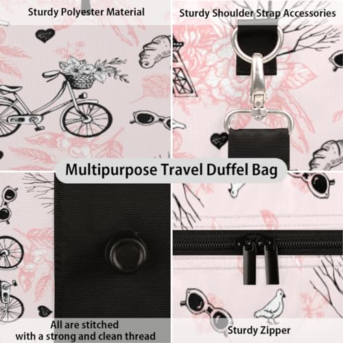 Paris Eiffel Tower Travel Duffel Bag, Pink Flower Bike Sports Tote Gym Bag, Foldable Weekender Overnight Bag, Luggage Handle Bag for Women Men3