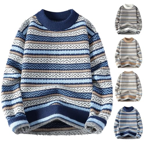 Cambkatl Men's Ethnic Style Striped Sweaters - Loose Fit Crewneck Casual Cable Knitted Pullovers Long Sleeve Jumper Tops2
