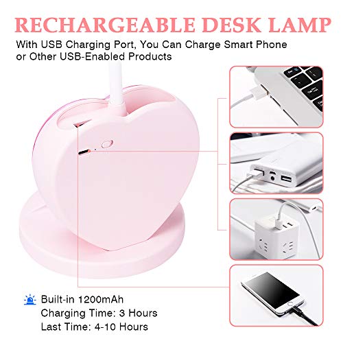 Aluocyi Led Desk Lamp, Cute Pink Desk Lamp With Usb Charging Port/Pen Holder And Phone Stand, Touch Control Reading Lamp With 2 Color Modes,Eye-Caring Study Table Lamp For Kids Girls College Dorm Bedroom thumb #4