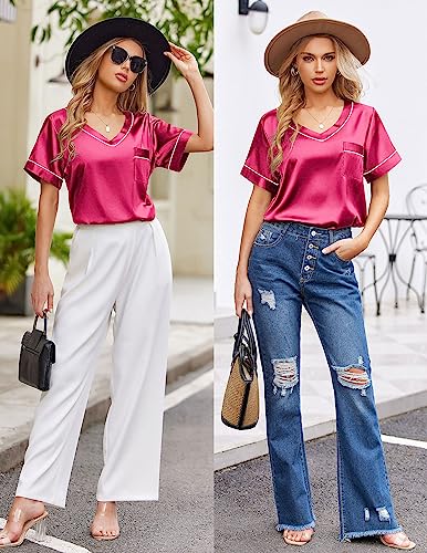 Image of Ekouaer Silk Pajama for Women Short Sleeve Satin Pj Set Two Piece Soft Sleepwear Loungewear S-XXL