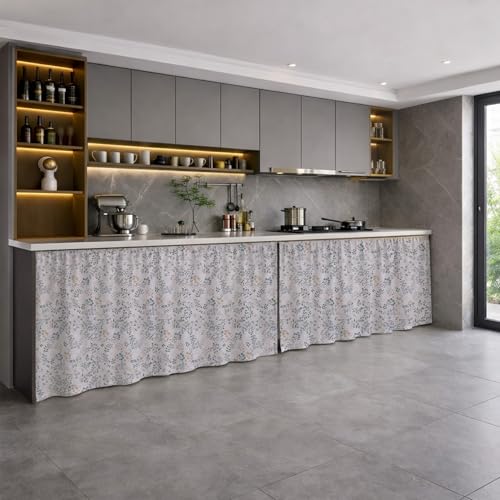 Image of LINENWALAS Under Sink Curtain for Kitchen - Pack of 2 | 106x91 cm Cotton Under-Sink Cover | Washable Storage-Hiding Curtain with Rod Pocket | Kitchen & Bathroom Cabinet Cover (Skylet Breeze)