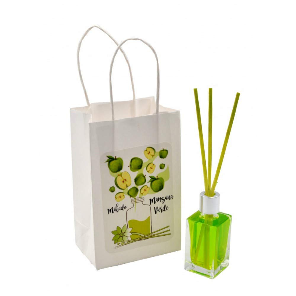 CAPRILO. Lote de 10 Mikados Varilla Perfume Manzana en Bolsa Decorativa a Juego. Regalos Originales. Ambientadores. Complementos. Detalles para Bodas, Comuniones, Bautizos y Cumpleaños. CC