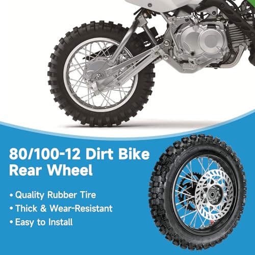 EOPOAYI 3.00-12 80/100-12 Dirt Bike Rear Rim Wheel Tire Compatible with 90cc 110cc 125cc CRF70 XR70 KX65 KLX110 PW80 TTR90 SSR125 Coolster Taotao Off Road Motorcycle Parts with Brake Rotor Sprocket