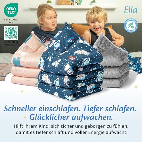 Ella Gewichtsdecke Kinder 3,2 kg 100x150 cm - Therapiedecke, für Stressabbau & Angstzustände, Hypoallergene Glasperlen, weiche & kühlende Baumwoll- Außenschicht, für Kinder von 25-40 kg - Grau Minky