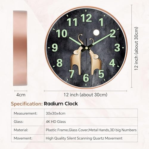 Image of WHISKET - 12 Inch | Luxury Designer Radium Wall Clock with Night Glow Numbers - Silent Analog Clock with Elegant Floral Design for Living Room, Bedroom & Office Decor. (Radium Elephant)