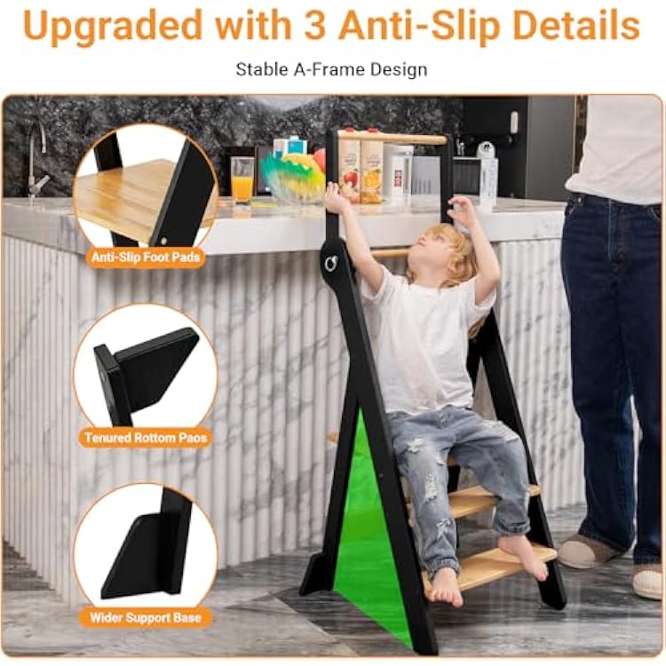 COSYLAND Foldable Toddler Standing Tower - Adjustable Height Folding Step Stool Kid Toddler Kitchen Stool for Learning and Cooking - Ages 18 Months to 6 Years with Safety Net Natural & Charcoal