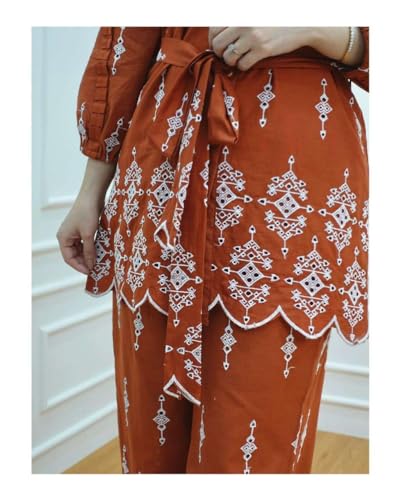 Image of Pure Cotton Fully Embroidered Work Rust Schiffli Co-Ord Set | Belt Having Embroidery | Co-Ord Set For Women & Girls