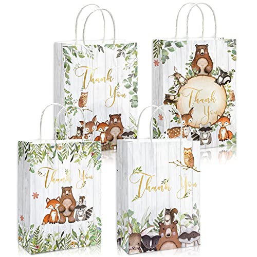 AnyDesign Pacote com 24 sacos de papel Woodland Thank You Gift com alças a granel 4 sacos de lembrancinha de chá de bebê da floresta para decoração de aniversário, casamento, chá de bebê, 15 x 21 x 8