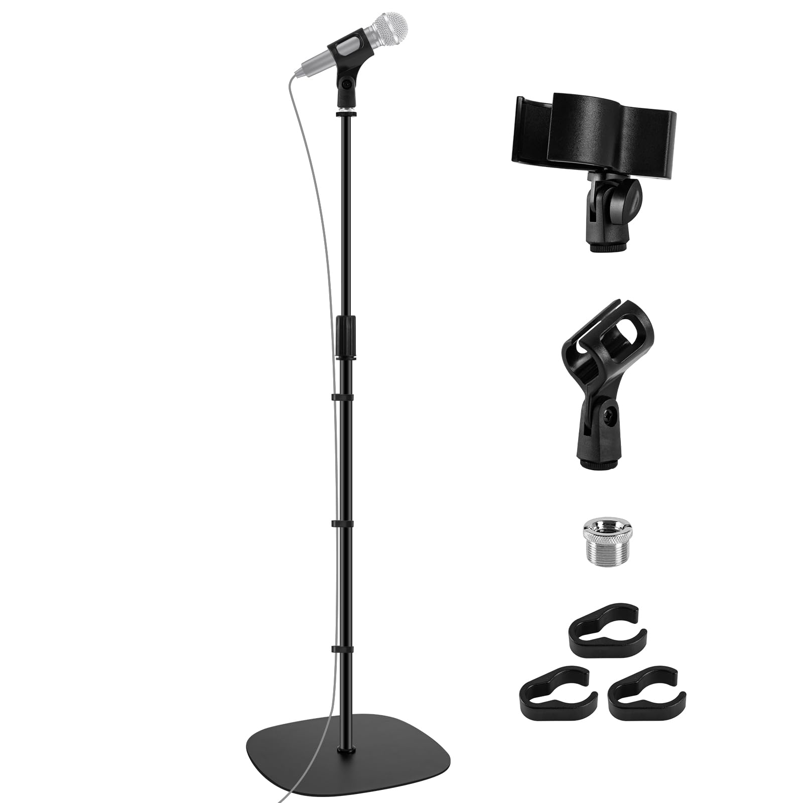 BILIONE Microphone Stand Floor, 22"-70" Height Adjustable Boom Mic Stand with Weighted Base, 2 Clips & 3/8'' to 5/8'' Adapter Compatible with Blue Yeti HyperX QuadCast Shure SM58 (Mic Stand Floor)