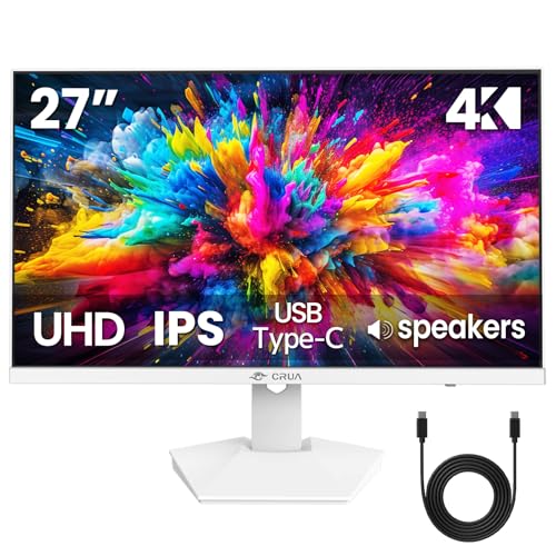 CRUA 27″ 4K White Monitor, UHD(3840x2160P) IPS Panel, 60Hz Computer Monitor, Supports AMD Freesync, USB Type-C, 120% sRGB, Built-in Speakers, Wall Mountable, for Work, Streaming, and Home Office