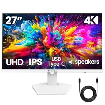 CRUA Monitor branco 4K de 27 polegadas, painel IPS UHD (3840 x 2160P), monitor de computador de 60 Hz, suporta AMD Freesync, USB Type-C, 120% sRGB, alto-falantes embutidos, montagem na parede, para