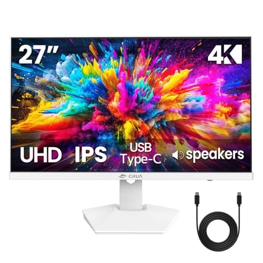 CRUA 27" 4K White Monitor, UHD(3840x2160P) IPS Panel, 60Hz Computer Monitor, Supports AMD Freesync, USB Type-C, 120% sRGB, Built-in Speakers, Wall Mountable, for Work, Streaming, and Home Office