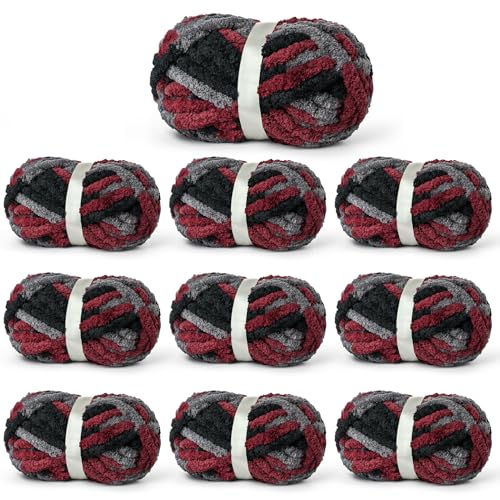 Image of Chunky Jumbo Chenille Yarn Multicolor 10 Pack | 2000g /240yds Super Bulky Baby Soft Yarn for Hand Knitting Fluffy Chunky Knit Throw Blanket Yarn