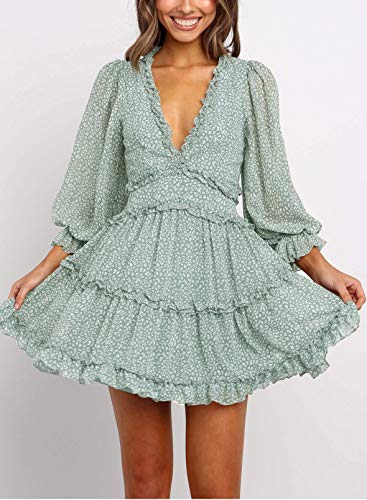 Happy Sailed Womens Cute Boho Dresses Spring Summer 2023 Casual Deep V-Neck Long Sleeve Ruffle Layer A Line Chiffon Swing Mini Dresses Large Green #TOP1