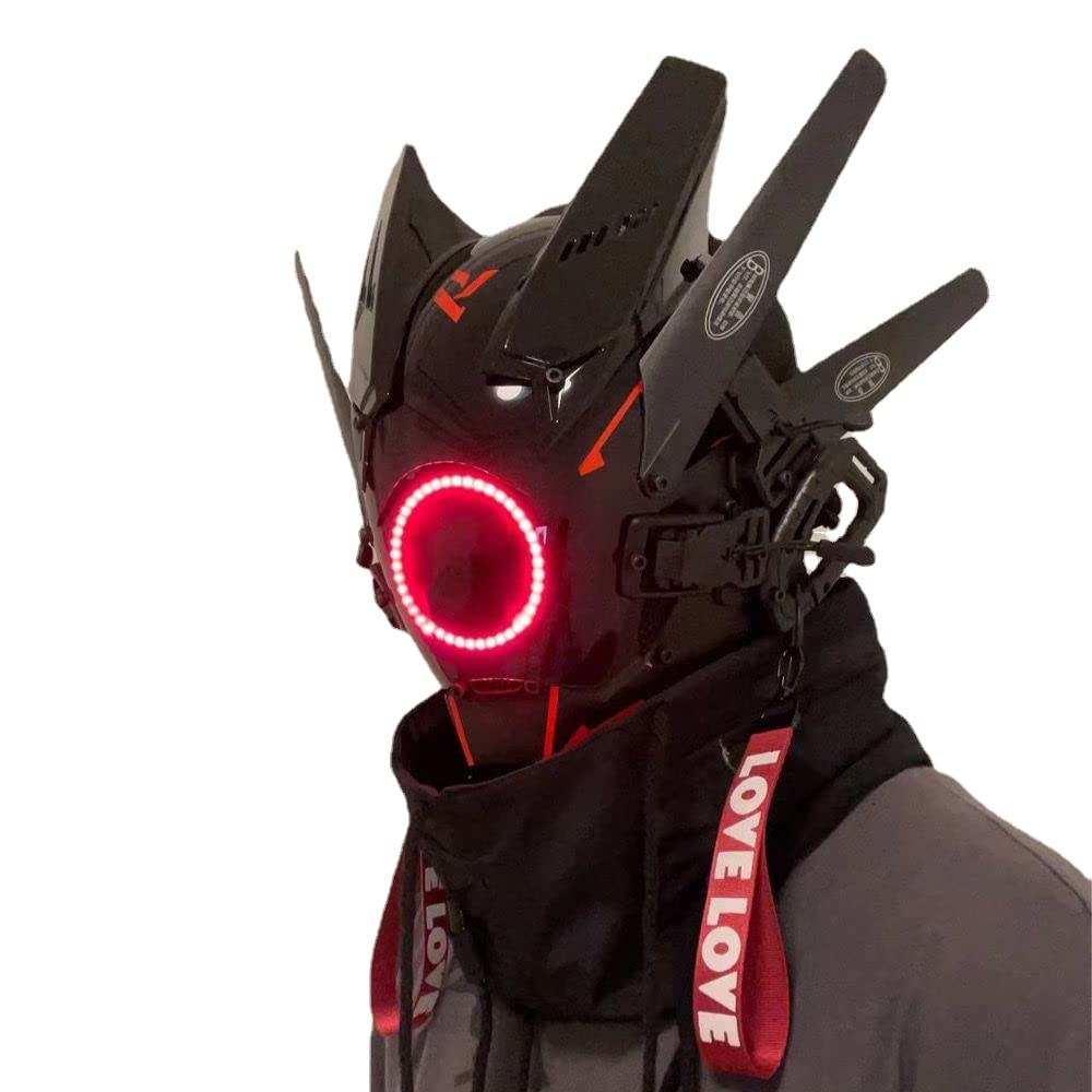 BIKETEK Cyberpunk Mask Cosplay, LED Light Futuristic Mecha Warrior Helmet, Sci-Fi Black Full Face Mask, Perfect for Halloween, Party (style 6)