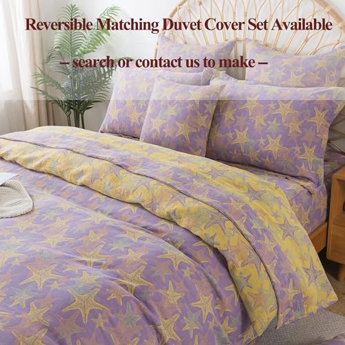 Image of FADFAY Beach Theme Sheets Set King Purple Yellow Starfish Ocean Bedding Coastal Nautical Bedding Super Soft Washed Double -Layer Muslin Sheets 100% Cotton Deep Pocket Fitted Sheet 4Pcs, King Size