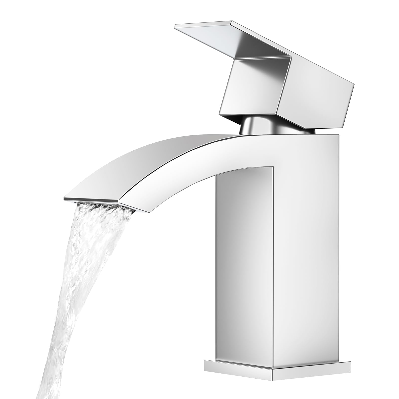 CREA Robinet Lavabo Cascade,Mitigeur Salle de Bain avec Bonde de Lavabo Pop-up, Moderne Mitigeur Lavabo Cascade, Robinet Salle de Bain avec Bec Grand,Chrom
