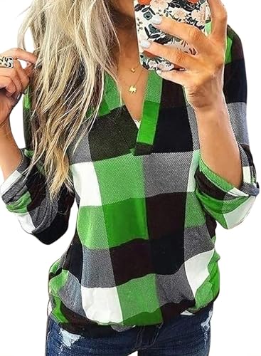 Cuptacc Shirt Damen Slim Kariertes Casual Herbst Tunika mit Knöpfen Slim Langarm Kleidung Grün Mittel M 38-40