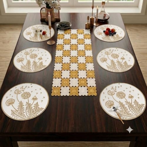 Image of Dakshya Industries Dining Table Mats Round PVC Set | 6 Waterproof Placemats (38 x 38 cm) + 1 Table Runner (91 x 33 cm) | Heat Resistant, Kitchen Decor (Modenza)