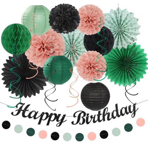 Image of Sage-Green Blush-Pink Black Birthday Party-decorations - 21pcs Girls Woman Happy Banner Garland, Paper Streamers Lanterns,Flower Tissue Pom Poms Fan Supplies,Wall Backdrop Decor Huglony