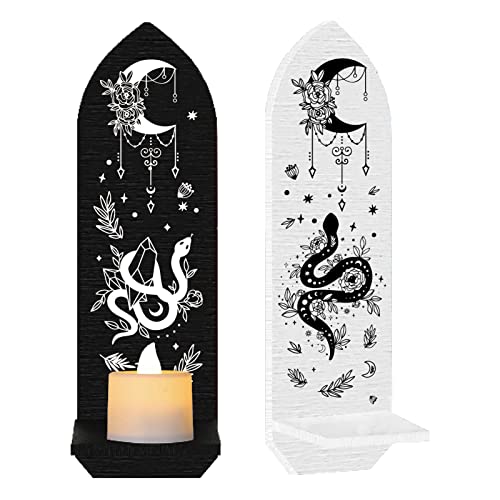 CREATCABIN Juego 2 portavelas Pared Gótica Montado Estante Madera Candelabro Candelabro Luna Serpiente Flores Soporte Exhibición para Hogar Comedor Baño Cocina Pasillo Decoración