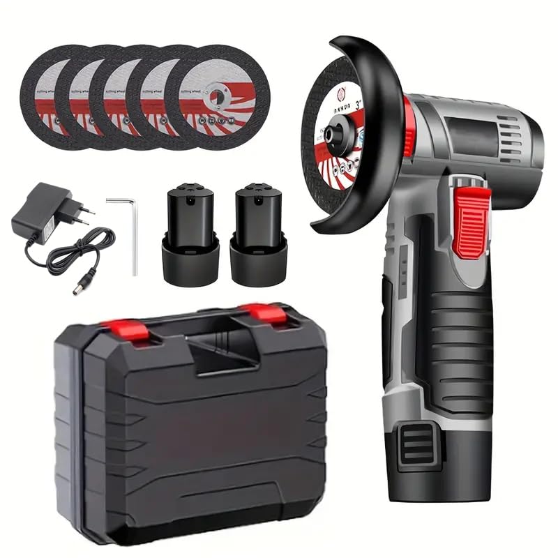 Mini Akku Winkelschleifer 12V 76mm Bürstenloser Trennschleifer mit 2x 1500mAh Akku & 5 Scheiben 19500 U/min Kabelloser Schneider Elektrischer Multischleifer für Metall Holz & Fliesen-Grau