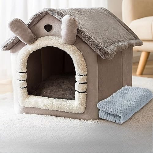 「NexPon」人気 猫 ハウス 犬 家 ペット ハウス 暖かい ふわふわ 洗える 家のタイプ 猫 ベッド 犬 ベッド 子猫と子犬のために 保温防寒 冬 ペット用品、可愛らしく、収納が簡単です (M,茶色の小熊+毛布)