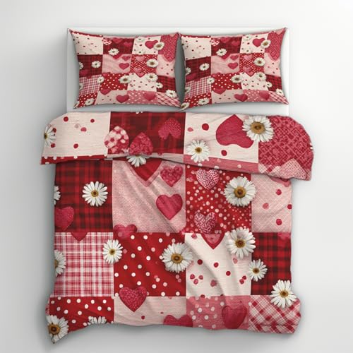 Funda Nordica Cama 180 Patchwork Rosa Rojo, Funda Edredon 240x260 y 2 Fundas de Almohada 50x75, Juego de Ropa de Cama de 3 Piezas Microfibra Suave con Cremallera NI102