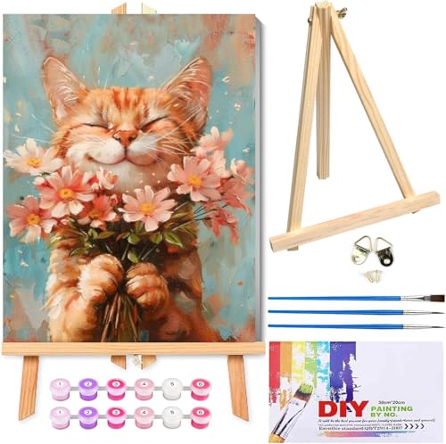 Image of Cat Paint by Numbers Kit for Adults with Framed Canvas&Wooden Easel, DIY Acrylic Paint by Numbers Kits on Canvas, Cat with Flower Drawing Paintwork Arts and Crafts for Home Wall Decor 12x16inch