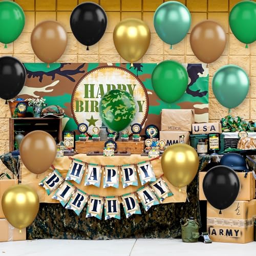 Image of Green Brown Camo Balloons, 30Pcs 12inch Camouflage Brown Dark Green Black Metallic Gold Silver Balloons For Party Decorations Birthday Party Hunting Camping Jungle Themed Supplies
