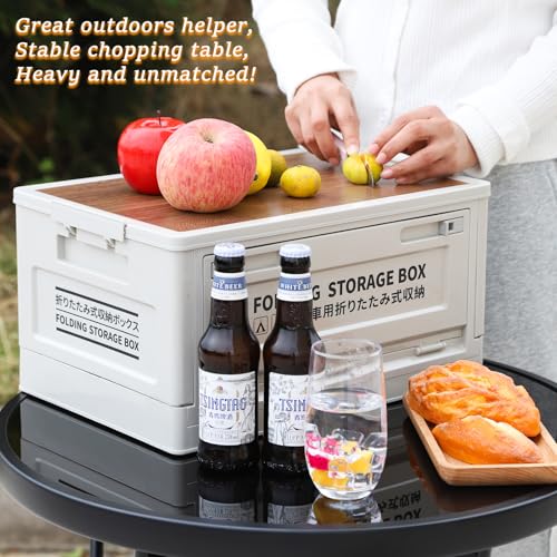 Outdoor Collapsible Plastic Storage Bins Box with Lids, Stackable Foldable Camping Box with Imitation Wooden Lid, Portable Tray Table, Two Opening Ways - Image 3