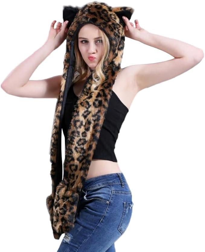 Viking Costume Wolf Animal Hood Hoods Faux Fur Winter Hats Furry Hoodie Scarf Paws Ears Pocket Mittens Gloves for Women Men3